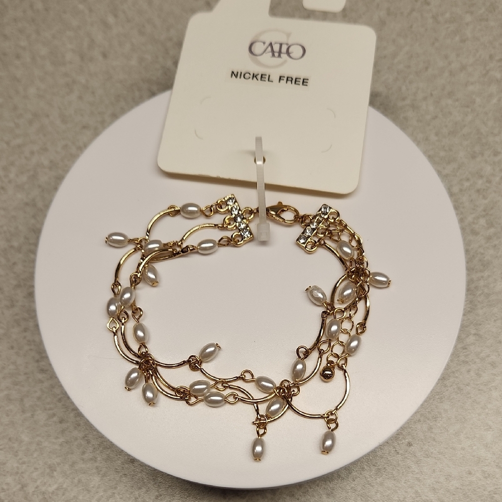 Cato Gold Tone and White Faux Pearl Chain Bracelet NWT